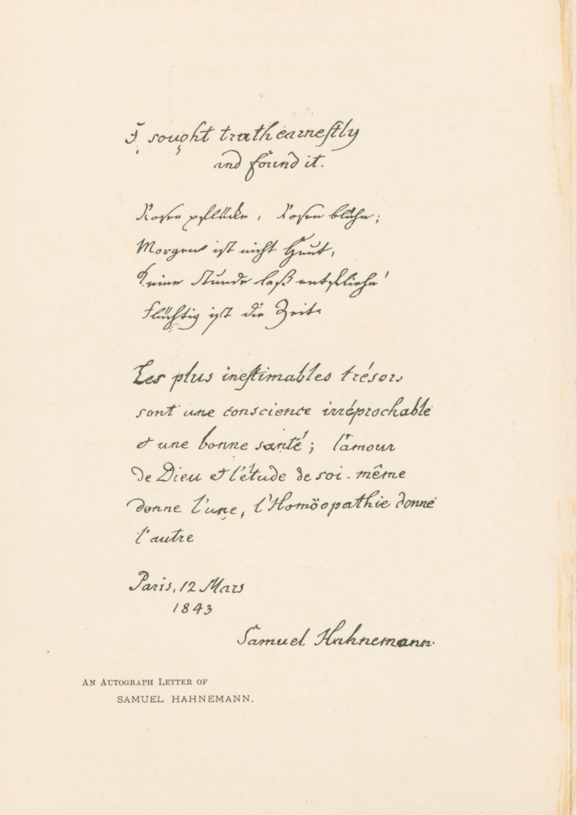 Facsimile of an autograph letter written by Samuel Hahnemann in Paris on March 12, 1843