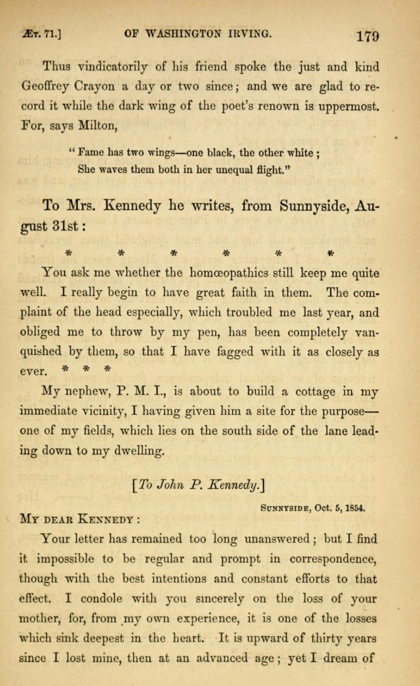 Washington Irving's August 31 1854 letter to Mrs. Kennedy saying he was beginning to have great faith in homeopathic medicines