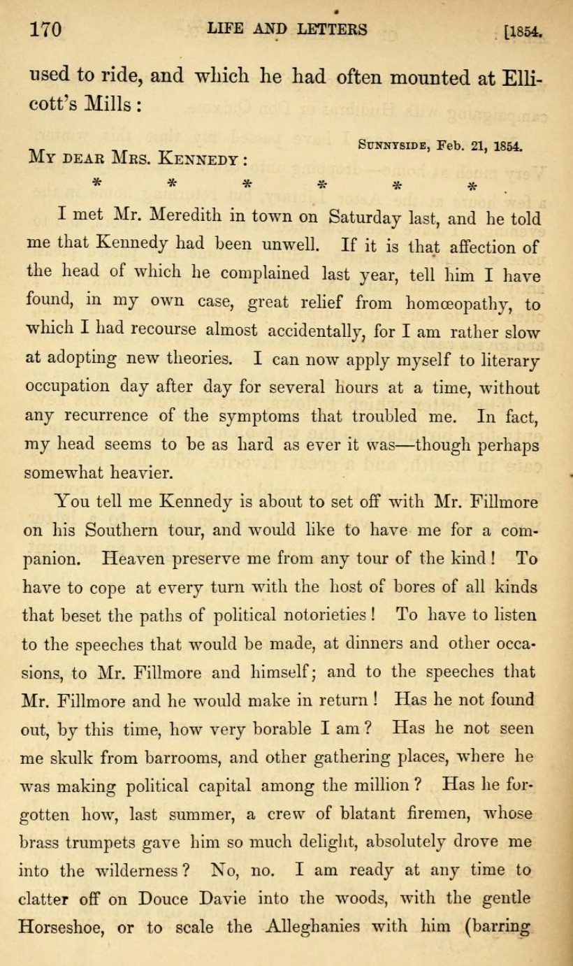 Washington Irving's February 21 1854 letter to Mrs. Kennedy describing great relief from homeopathy