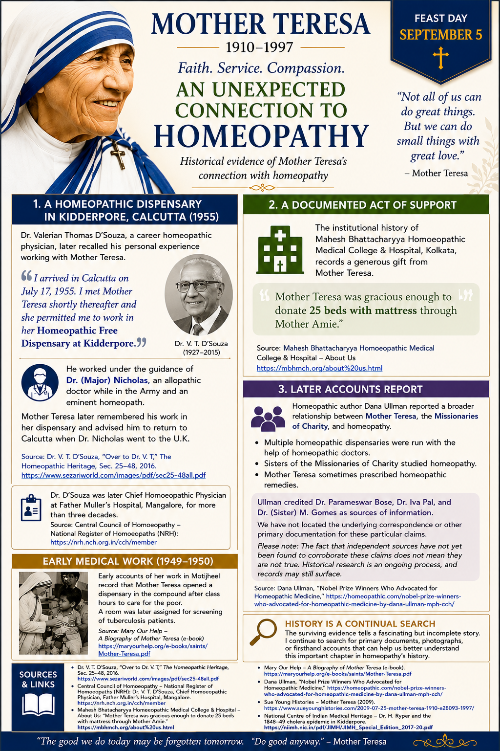 Mother Teresa Homeopathy in History infographic presenting historical evidence of her connection with homeopathy