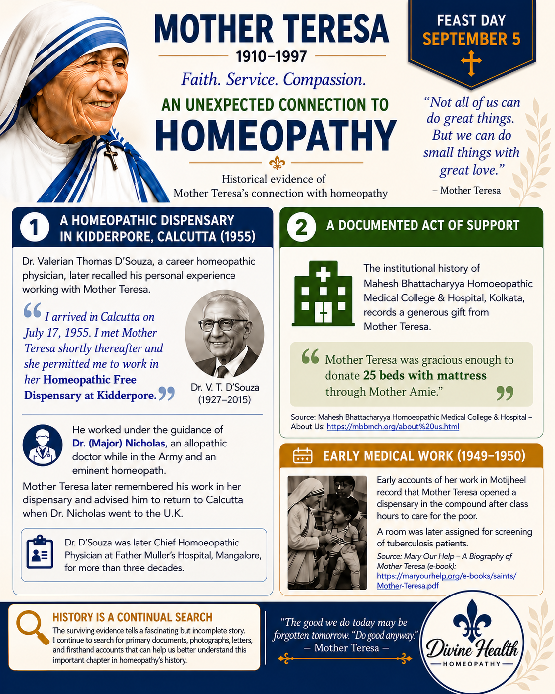 Mother Teresa Homeopathy in History header featuring her portrait and the title An Unexpected Connection to Homeopathy