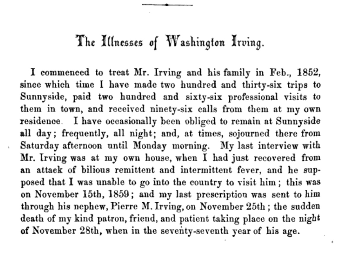 Opening page of John C. Peters's The Illnesses of Washington Irving