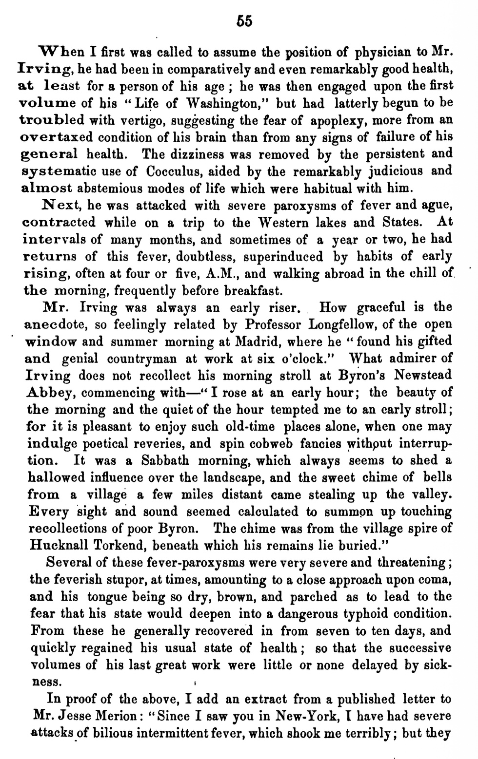 Page 55 of John C. Peters's account describing Washington Irving's vertigo and treatment with Cocculus