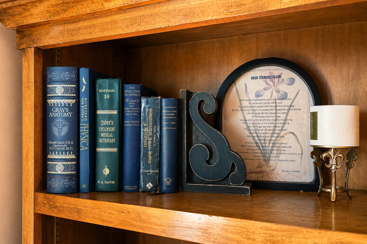 A curated bookshelf containing medical, scientific, and homeopathic books